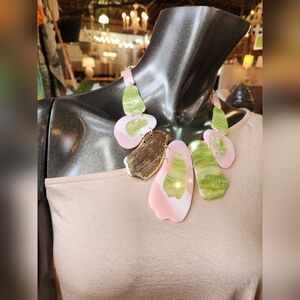 Pink, Green and Goldtone Statement Necklace with Earrings Set